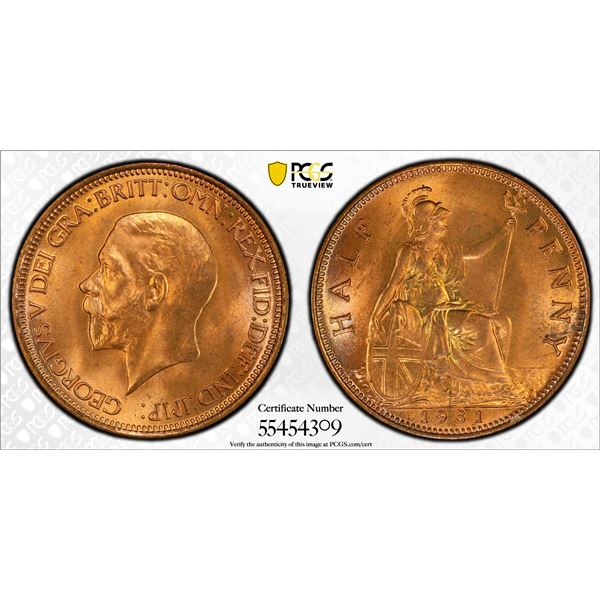 GREAT BRITAIN: George V, 1910-1936, AE halfpenny, 1931, PCGS MS65 RD