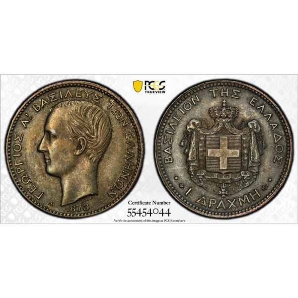 GREECE: George I, 1863-1913, AR drachma, Paris, 1873-A, PCGS AU58
