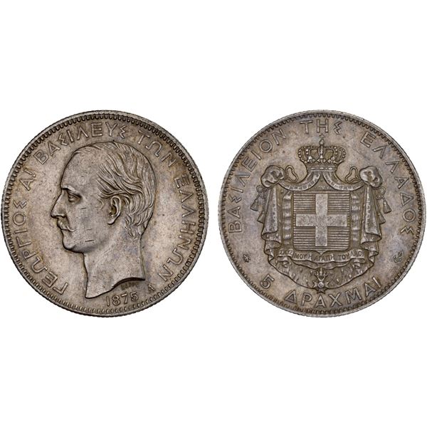 GREECE: George I, 1863-1913, AR 5 drachmai, 1876-A, XF