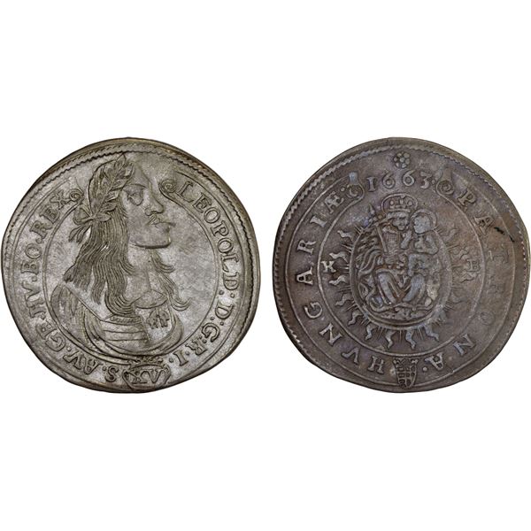 HUNGARY: Leopold I, 1657-1705, AR 15 krajczar (6.22g), Kremnitz, 1663-KB, VF-XF