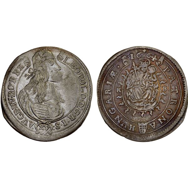 HUNGARY: Leopold I, 1657-1705, AR 15 krajczar (6.34g), Kremnitz, 1664-KB, XF