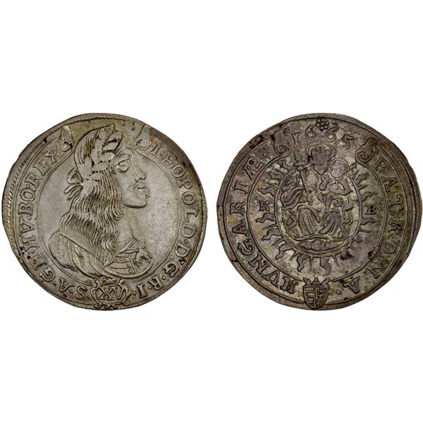 HUNGARY: Leopold I, 1657-1705, AR 15 krajczar (6.06g), Kremnitz, 1665-KB, XF