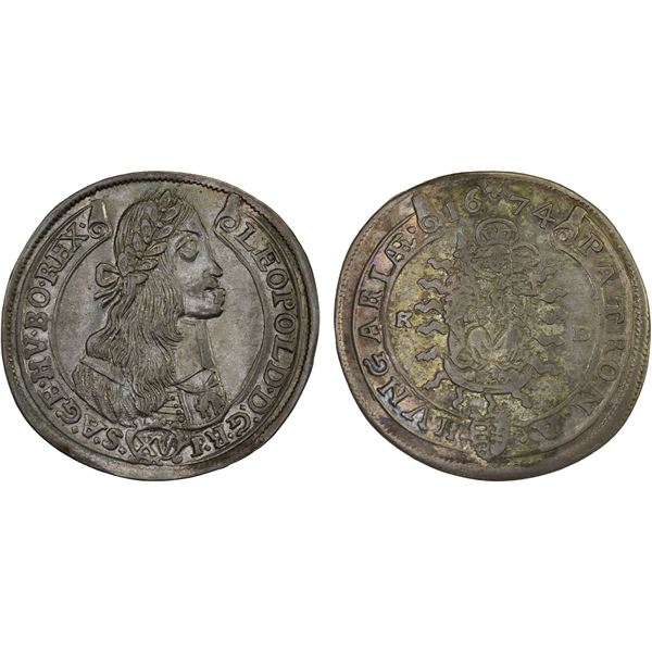 HUNGARY: Leopold I, 1657-1705, AR 15 krajczar (6.34g), Kremnitz, 1667-KB, XF