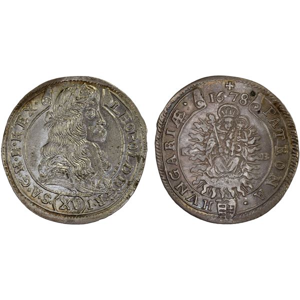 HUNGARY: Leopold I, 1657-1705, AR 15 krajczar (6.02g), Kremnitz, 1678-KB, Choice XF