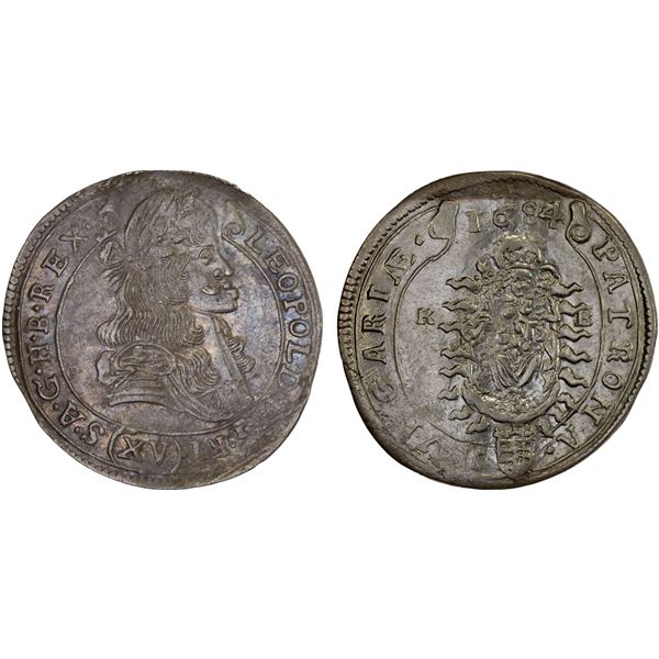 HUNGARY: Leopold I, 1657-1705, AR 15 krajczar (6.02g), Kremnitz, 1684-KB, XF-AU