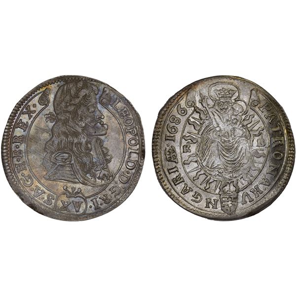 HUNGARY: Leopold I, 1657-1705, AR 15 krajczar (6.65g), Kremnitz, 1686-KB, XF-AU