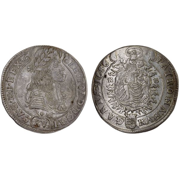 HUNGARY: Leopold I, 1657-1705, AR 15 krajczar (5.85g), Kremnitz, 1686-KB, XF