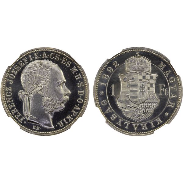 HUNGARY: Franz Joseph I, 1848-1916, AR forint, 1892-KB, NGC Proof 68