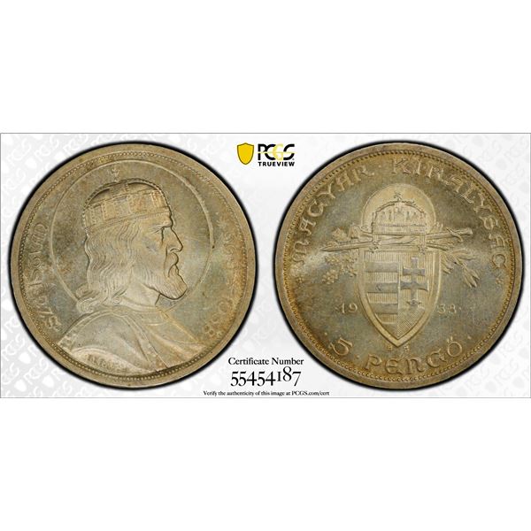 HUNGARY: Miklós Horthy, Regent, 1920-1944, AR 5 pengo, 1938, PCGS MS65