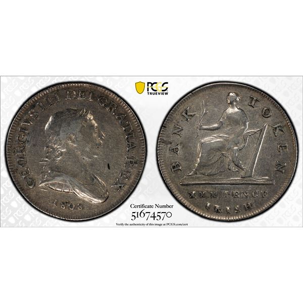 IRELAND: George III, 1760-1820, AR 30 pence, 1808, PCGS XF details
