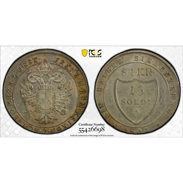 ITALY: GORIZIA: Francis II, 1792-1804, AR 15 soldi, 1802-A, PCGS AU58