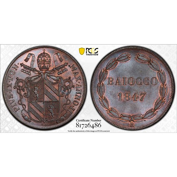 ITALY: PAPAL STATES: Pius IX, 1846-1878, AE baiocco, 1847-R year II, PCGS MS65 BN