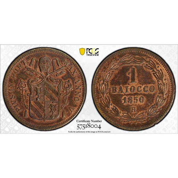 ITALY: PAPAL STATES: Pius IX, 1846-1878, AE baiocco (10.06g), 1850-V-R, PCGS MS63 RB