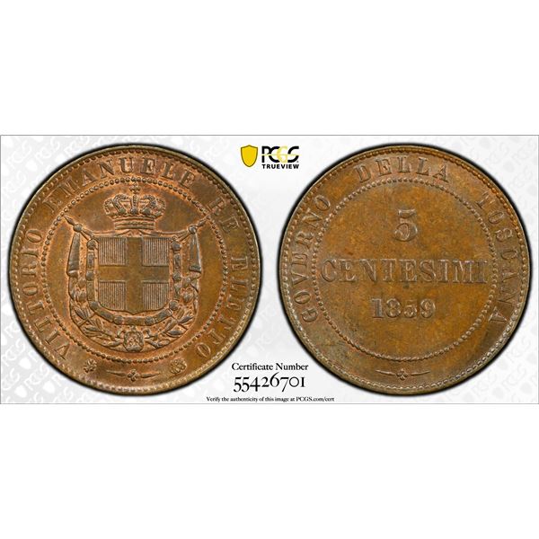 ITALY: TUSCANY: Victor Emmanuel II, 1859-1860, AE 5 centesimi, 1859, PCGS MS63 BN
