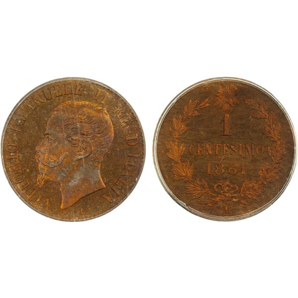 ITALY: Vittorio Emanuele II, 1861-1878, AE centesimo, Milan, 1861-M, PCGS MS65 RD