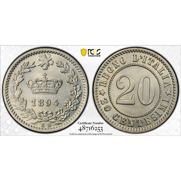 ITALY: Umberto I, 1878-1900, 20 centesimi, 1894-KB, PCGS MS64