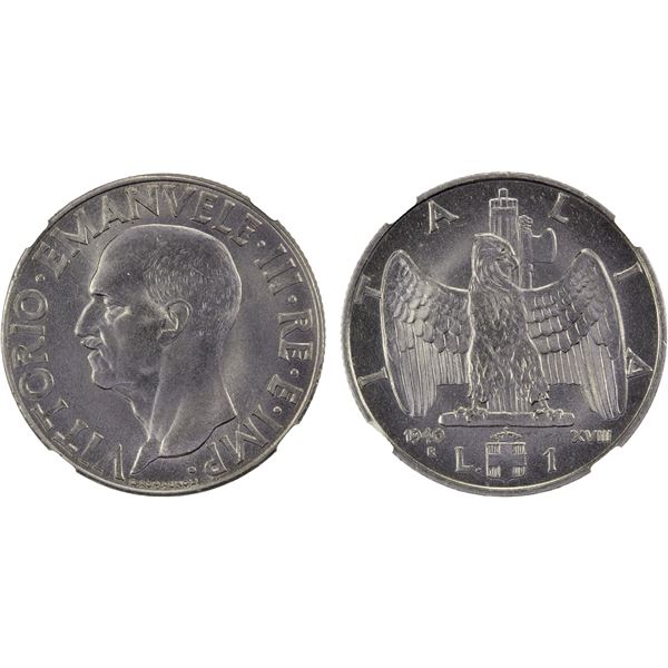 ITALY: Vittorio Emanuele III, 1900-1946, 1 lira, 1940-R year XVIII, NGC MS66 +
