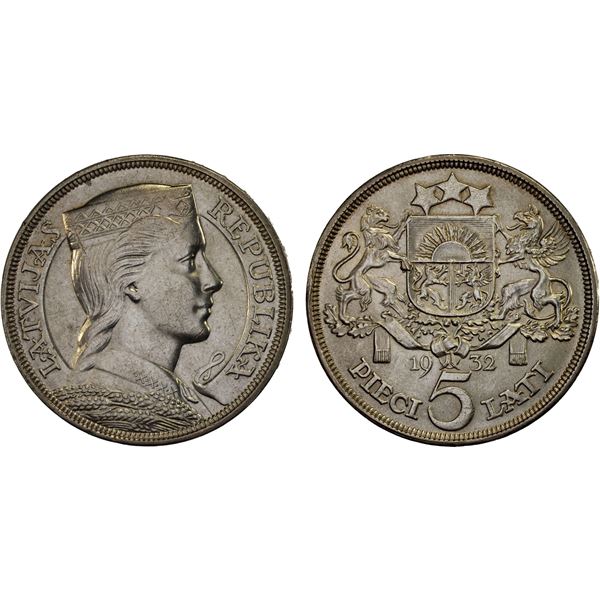 LATVIA: Republic, AR 5 lati, 1932, AU