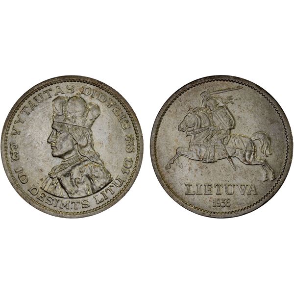 LITHUANIA: Republic, AR 10 litu, 1936, Choice AU