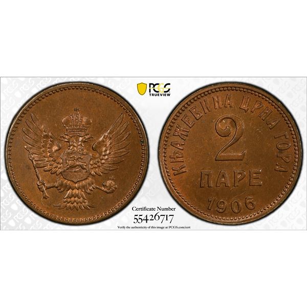 MONTENEGRO: Nicholas I, Prince, 1860-1910, AE 2 pare, 1906, PCGS MS64 RB