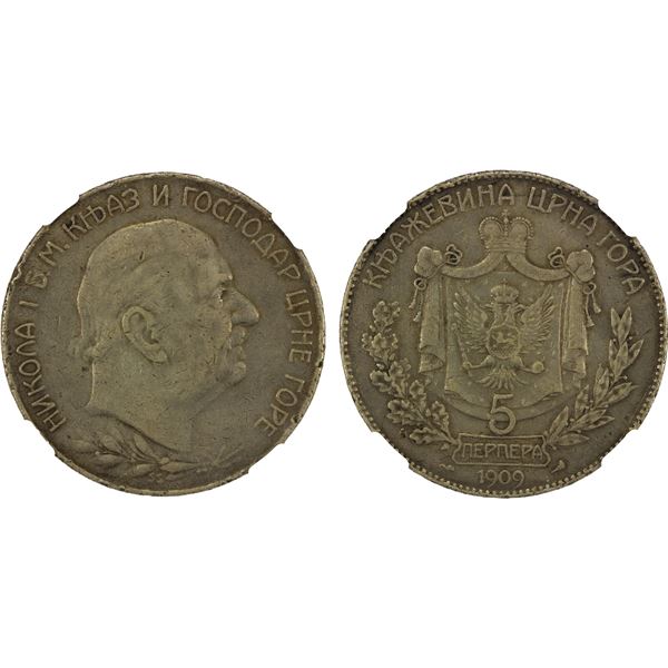 MONTENEGRO: Nicholas I, Prince, 1860-1910, AR 5 perpera, 1909, NGC VF details