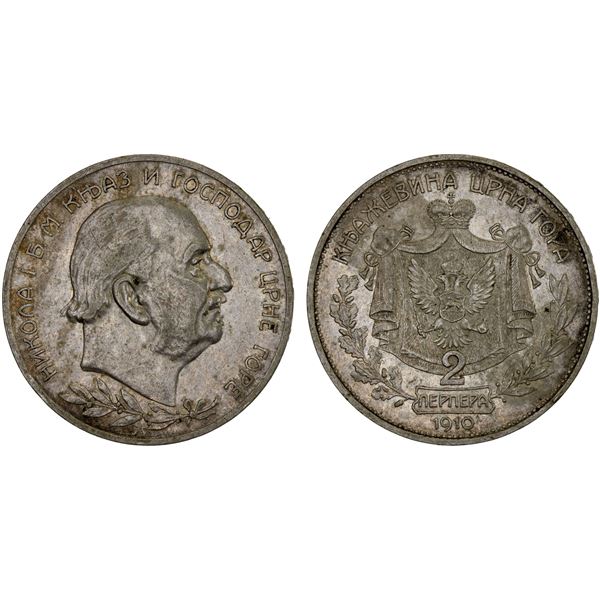 MONTENEGRO: Nicholas I, Prince, 1860-1910, AR 2 perpera, 1910, XF