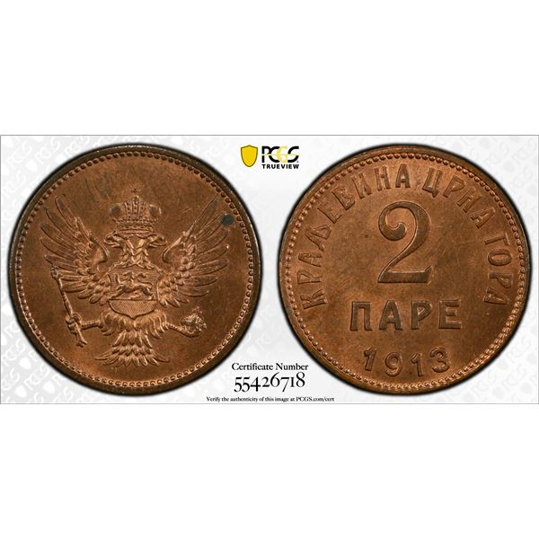 MONTENEGRO: Nicholas I, King, 1910-1918, AE 2 pare, 1913, PCGS MS64 RB