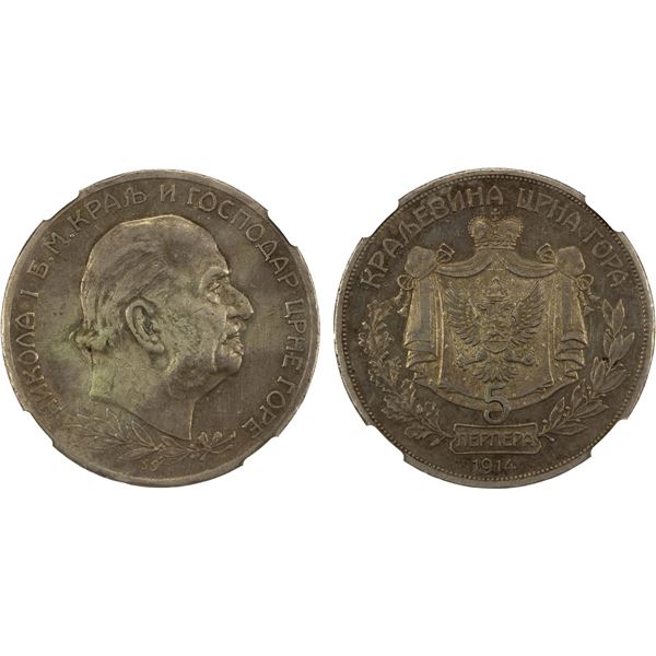 MONTENEGRO: Nicholas I, King, 1910-1918, AR 5 perpera, 1914, NGC XF details