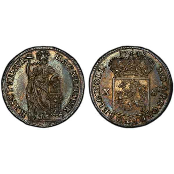 NETHERLANDS: HOLLAND: Dutch Republic, AR 10 stuivers, 1748, PCGS MS63