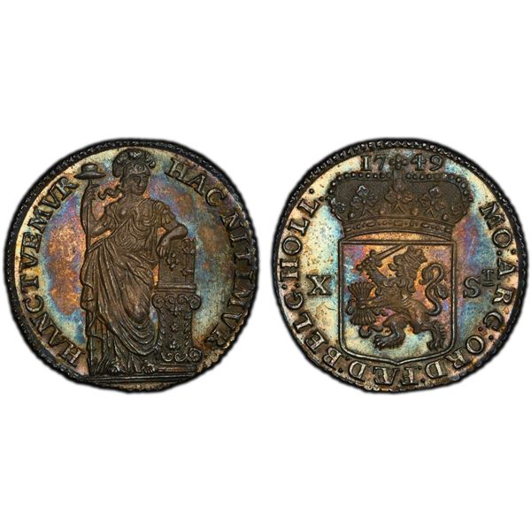 NETHERLANDS: HOLLAND: Dutch Republic, AR 10 stuivers, 1749, PCGS MS64