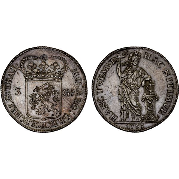NETHERLANDS: UTRECHT: Province, AR 3 gulden, 1763, Choice XF
