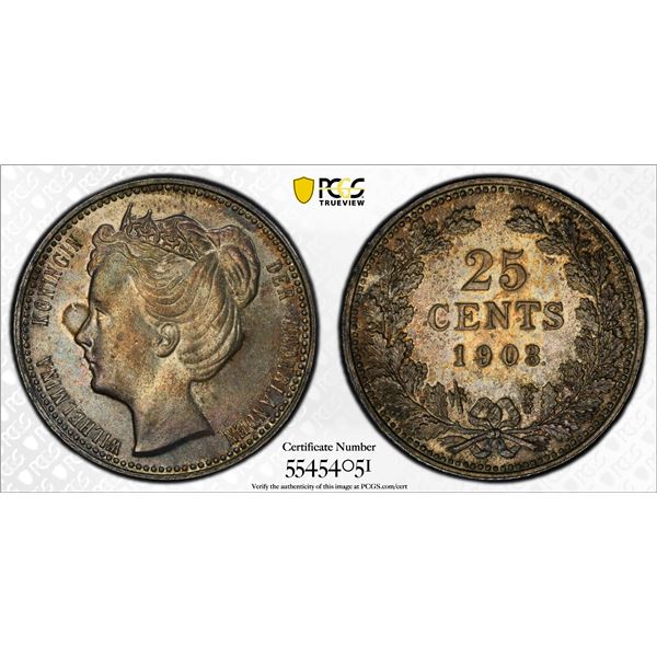 NETHERLANDS: Wilhelmina, 1890-1948, AR 25 cents, 1903, PCGS MS62