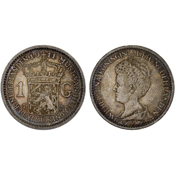 NETHERLANDS: Wilhelmina I, 1890-1948, AR gulden, 1911, Choice XF