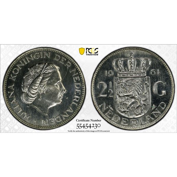 NETHERLANDS: Juliana, 1948-1980, AR 2½ gulden, 1961, PCGS MS65