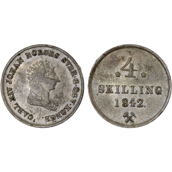 NORWAY: Carl XIV Johan, 1818-1844, BI 4 skilling, 1842, XF