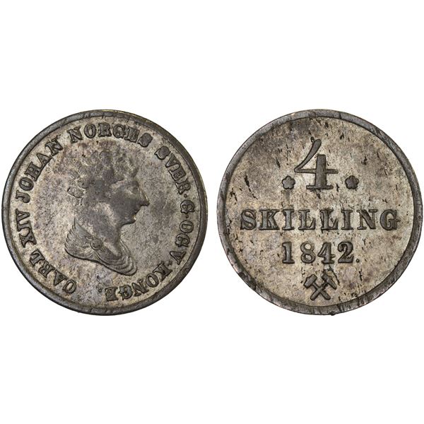 NORWAY: Carl XIV Johan, 1818-1844, BI 4 skilling, 1842, XF