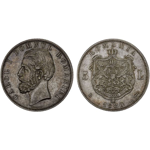 ROMANIA: Carol I, as Prince, 1866-1881, AR 5 lei, 1880-B, VF-XF