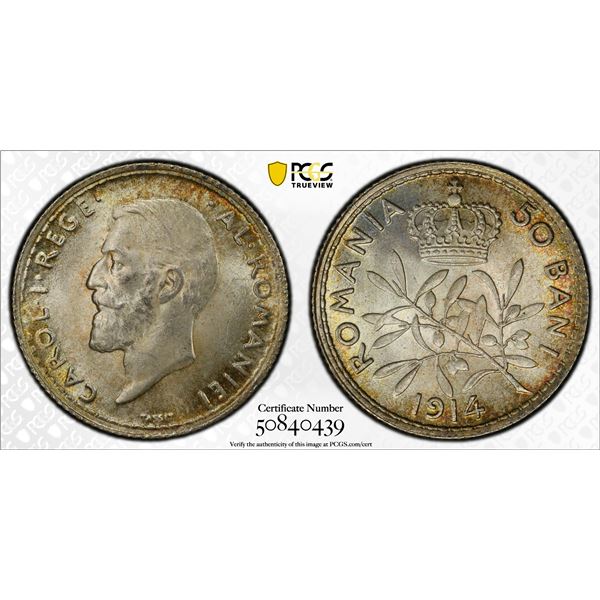 ROMANIA: Carol I, 1881-1914, AR 50 bani, Brussels, 1914, PCGS MS65