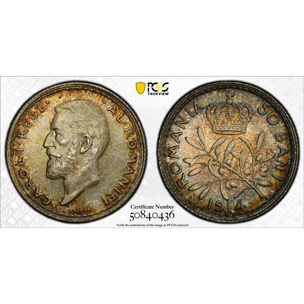 ROMANIA: Carol I, 1881-1914, AR 50 bani, Brussels, 1914, PCGS MS64
