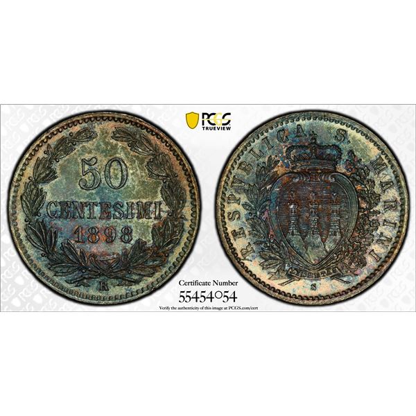 SAN MARINO: Republic, AR 50 centesimi, 1898-R, PCGS MS65