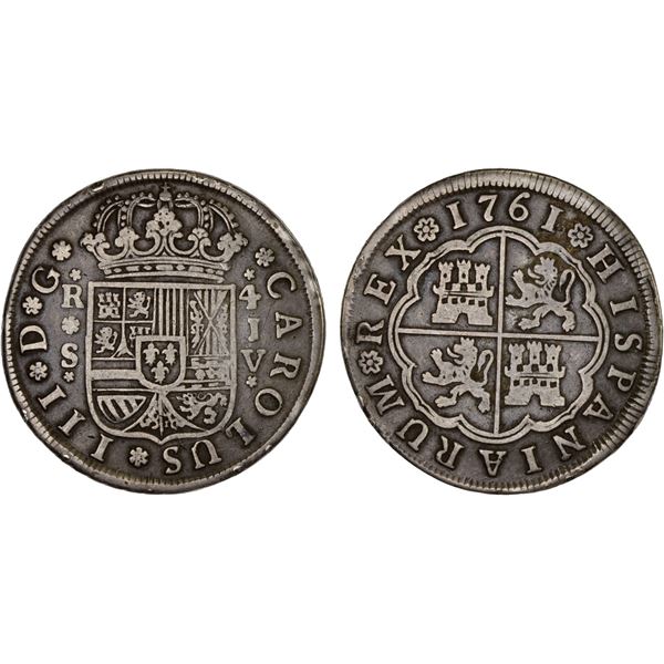 SPAIN: Carlos III, 1759-1788, AR 4 reales, Sevilla, 1761-S