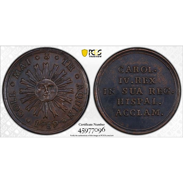 SPAIN: Carlos IV, 1788-1808, AE proclamation medal, 1789, PCGS MS62 BN