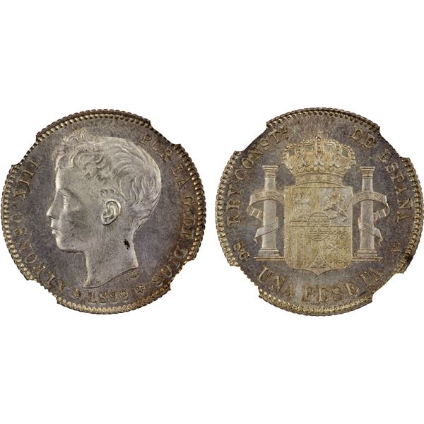 SPAIN: Alfonso XIII, 1886-1931, AR peseta, 1899 (99), NGC MS64