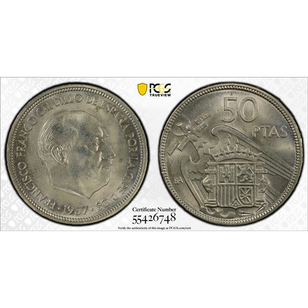 SPAIN: Francisco Franco, 1936-1975, 50 pesetas, 1957-BA, PCGS MS64