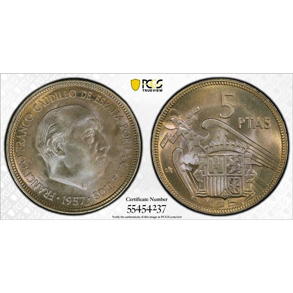 SPAIN: Francisco Franco, Caudillo, 1947-1975, 5 pesetas, 1957 (63), PCGS MS66