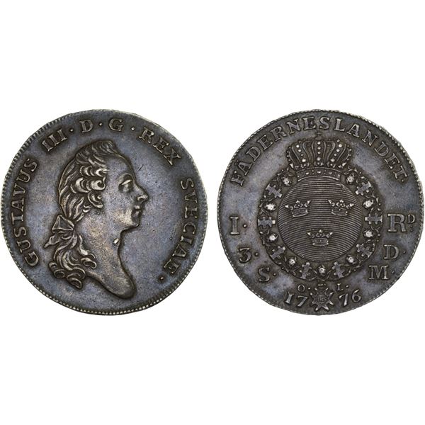 SWEDEN: Gustav III, 1771-1792, AR riksdaler, 1776, VF-XF