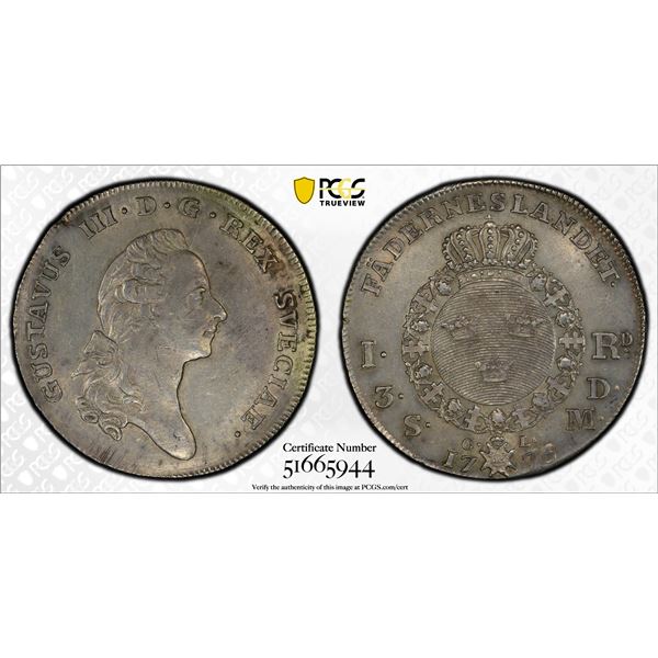 SWEDEN: Gustav III, 1771-1792, AR riksdaler, Stockholm, 1776, PCGS AU details