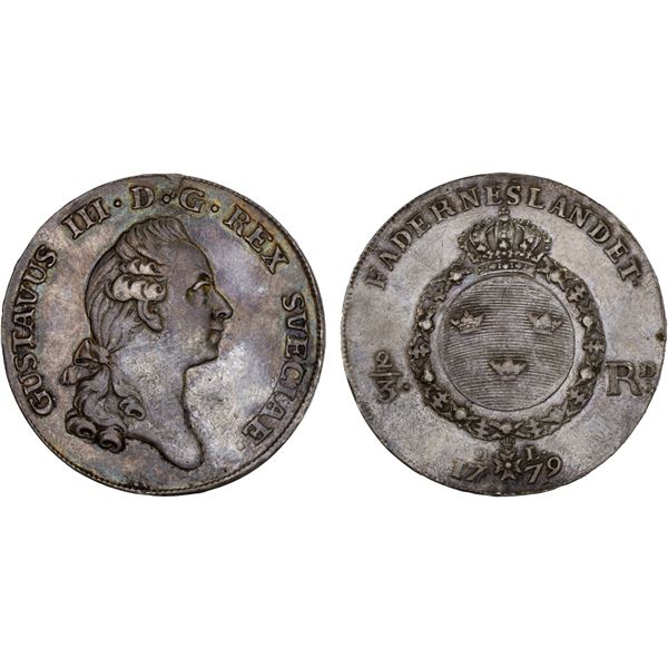 SWEDEN: Gustav III, 1771-1792, AR 2/3 riksdaler (2 daler S.M.), 1779, XF