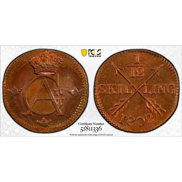 SWEDEN: Gustaf IV Adolf, 1792-1809, AE 1/12 skilling, 1802, PCGS MS64 RB