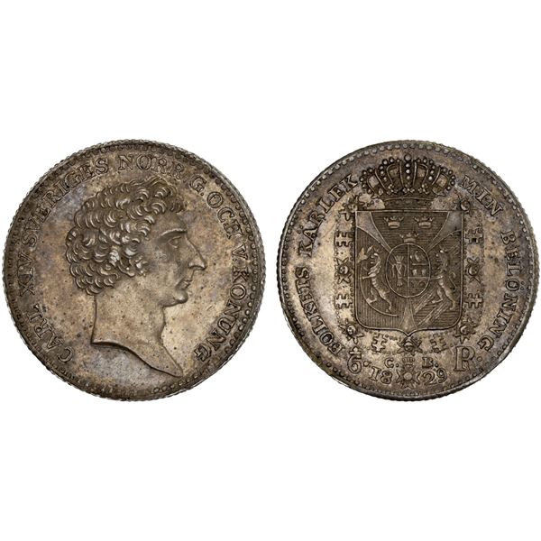 SWEDEN: Carl XIV Johan, 1818-1834, AR 1/6 riksdaler, 1829, AU